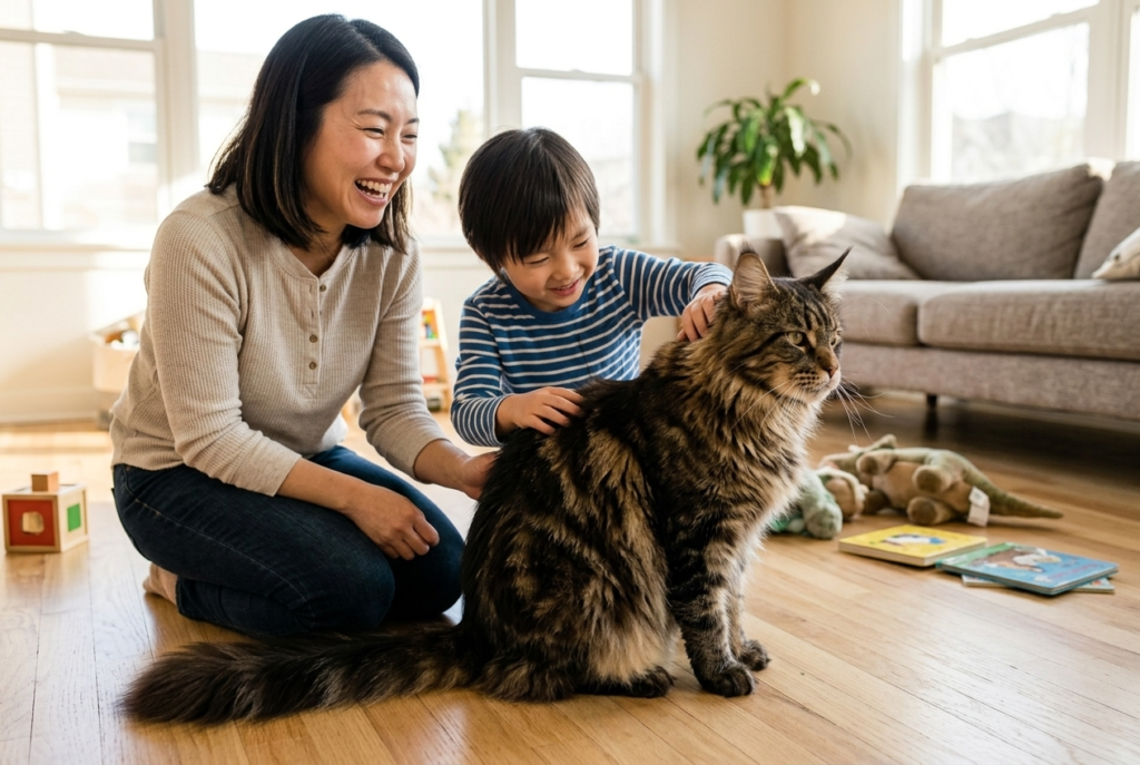Korean mom and young child petting a large fluffy Maine Coon cat on a bright home floor