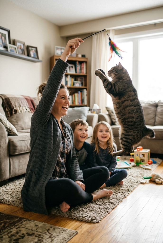 Canadian woman and two kids playing with a stocky Manx cat with short tail on a living room floor
