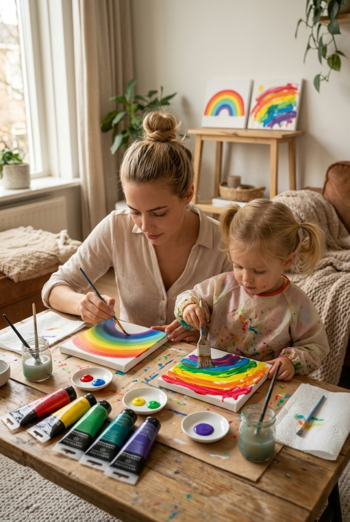 Dutch mother and toddler girl painting matching rainbow mini canvases side by side at a craft table