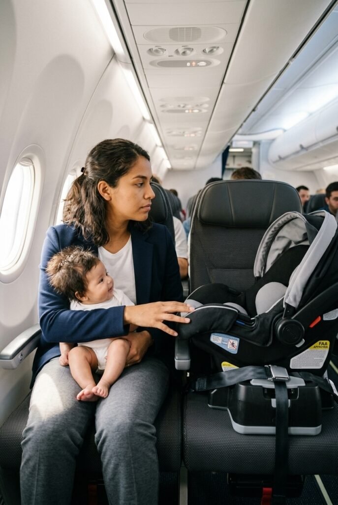 Mexican mother holding baby on airplane lap next to empty seat with infant car seat considering flight safety options