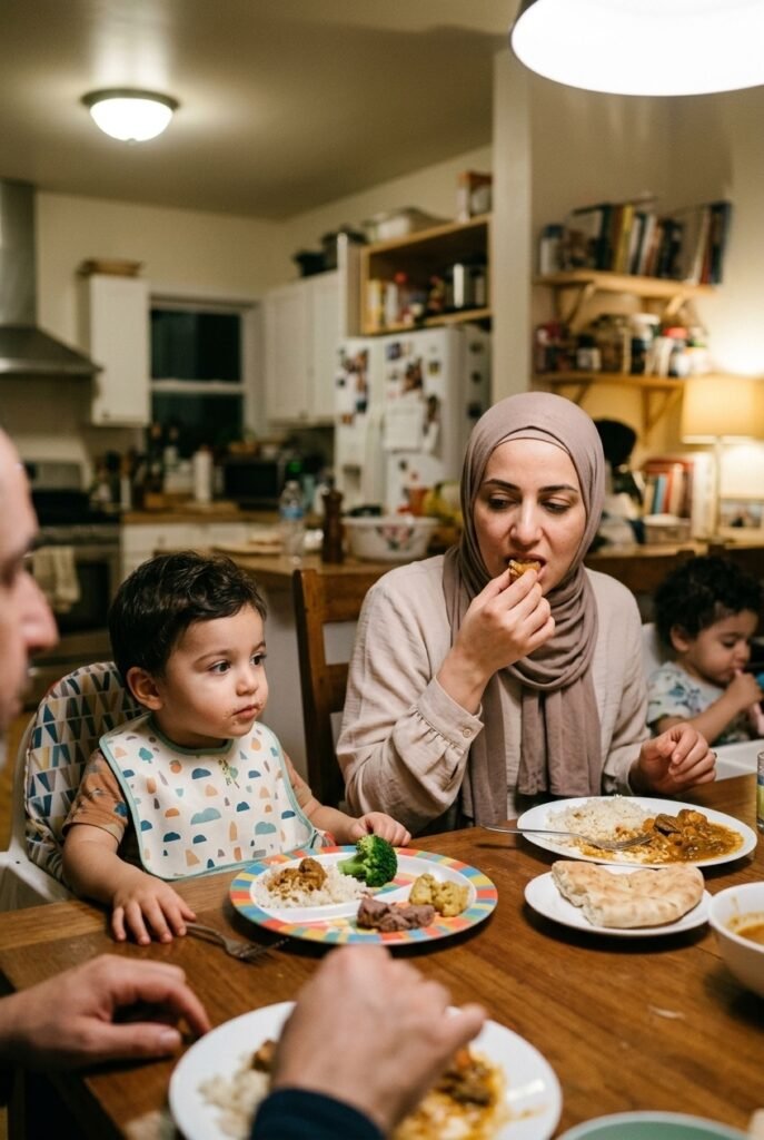 Middle Eastern mother sitting calmly at dinner table while toddler looks at unfamiliar food on plate