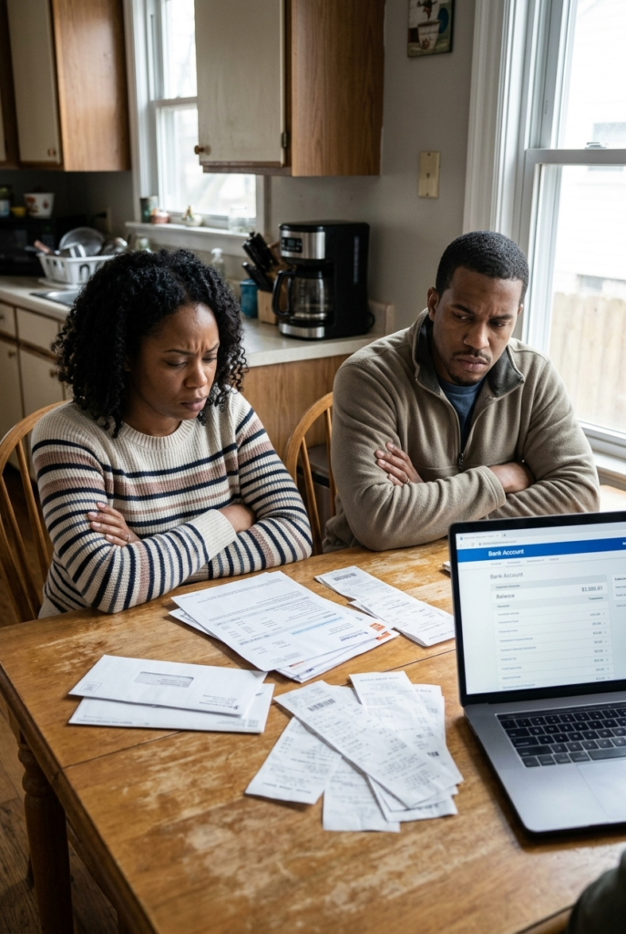 Black American couple having a tense financial discussion at home with bills on the table