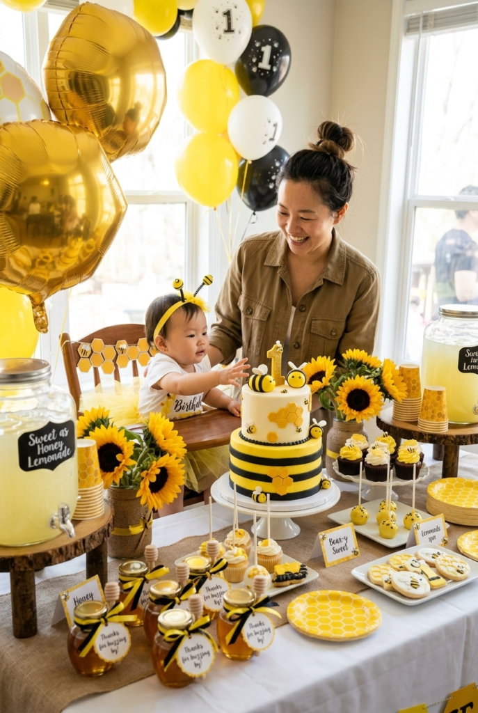 Chinese mother smiling beside baby girl at a First Bee-Day birthday party with honeycomb decor sunflowers and tiered cake