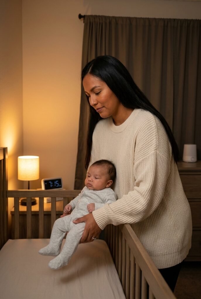 Native American mother placing her drowsy three-month-old into the crib at 7:15 PM for an early bedtime