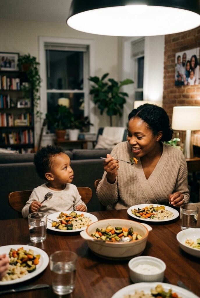 Nigerian American mother and toddler eating vegetables together at the family dinner table during a calm shared meal