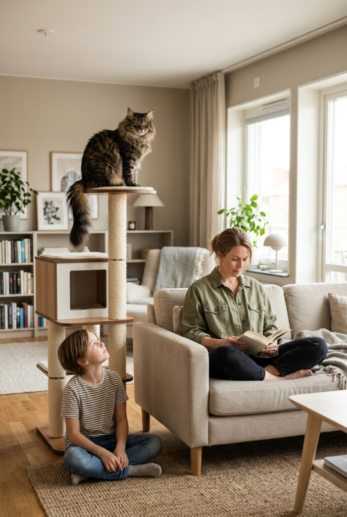 Swedish woman reading on sofa while large fluffy Norwegian Forest Cat perches calmly on tall cat tree above child