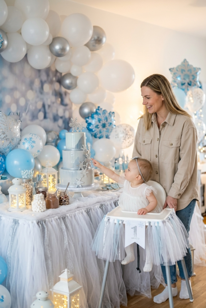 Swedish mother smiling next to baby girl at a Winter Onederland first birthday party with silver balloon garland and white cake