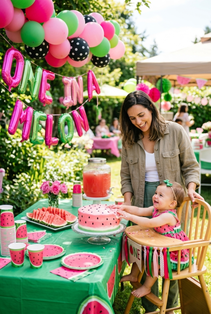 Portuguese mother grinning beside baby girl at a One in a Melon watermelon birthday party with pink cake and melon decorations
