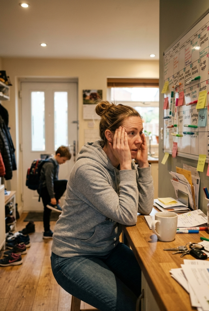 Over-Scheduling in the Name of Socialization Welsh homeschool mom looking stressed at a packed family calendar covered in activity labels, with her child ready to head out the door in the background.