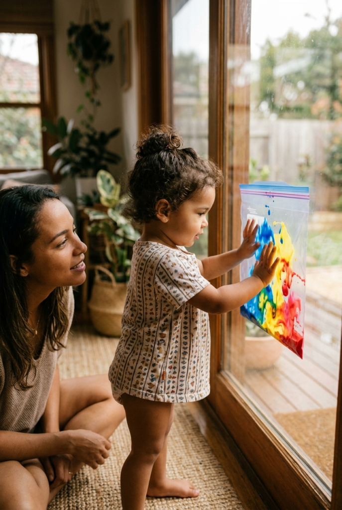 Brazilian mother watching toddler girl swirl colorful paint inside a sealed zip lock bag taped to a window