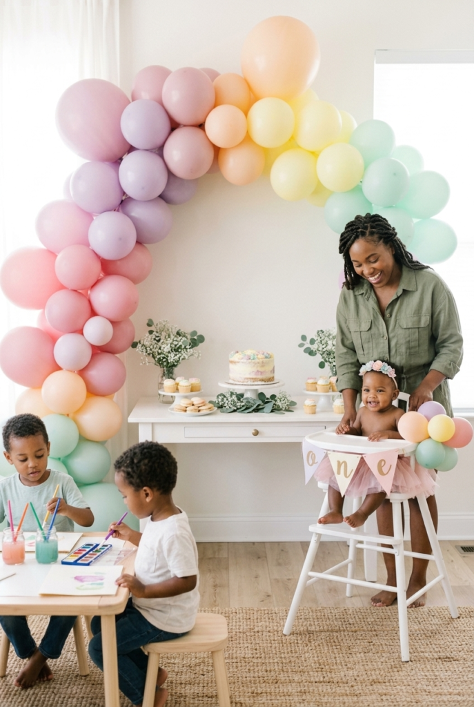 Black American mother beside baby girl at a pastel rainbow birthday party with balloon arch and layered smash cake