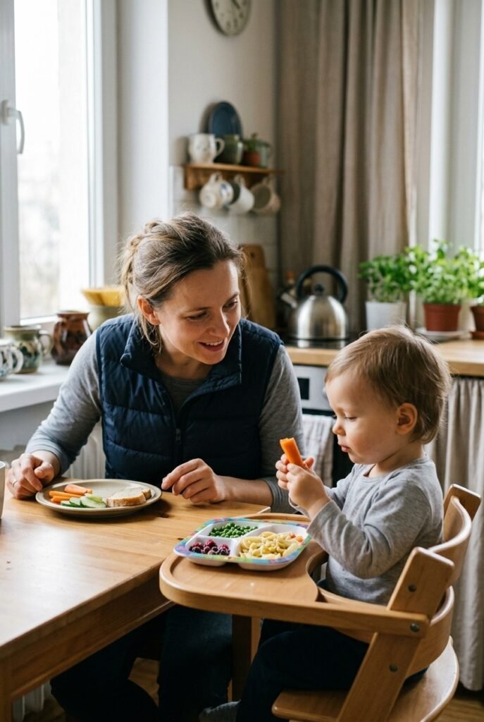 Polish mother and toddler sharing a screen free lunch at the kitchen table with full attention on the meal