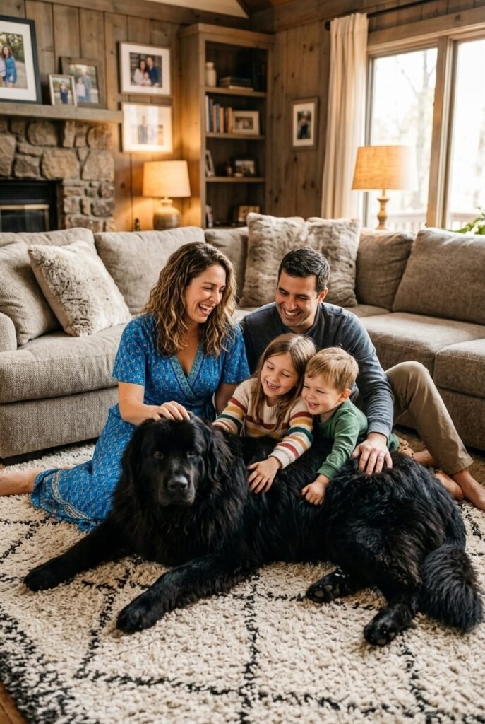 Portuguese family with husband wife and two young children cuddling a giant black Newfoundland dog on a cozy living room floor