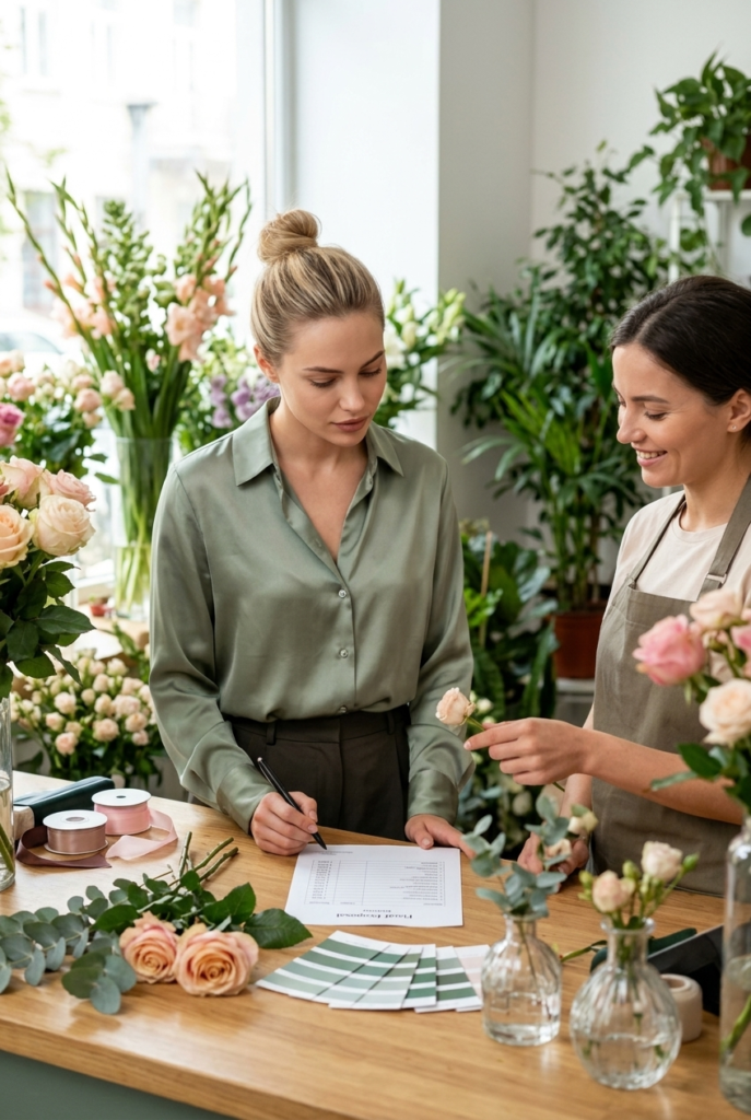 Polish woman reviewing a floral proposal with a florist in a wedding flower shop