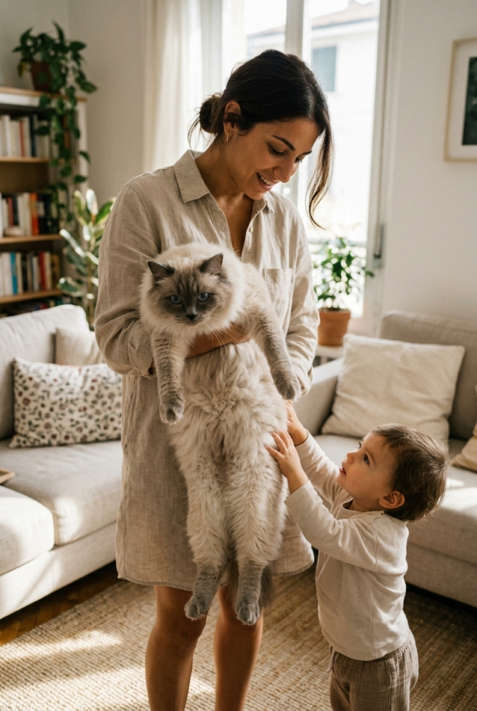 Italian woman holding limp relaxed Ragdoll cat with blue eyes while toddler reaches up to touch it