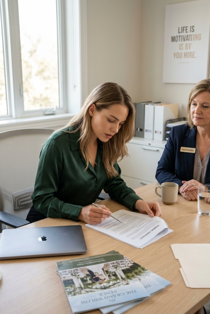 Canadian woman carefully reading a wedding vendor contract at a venue coordinator office