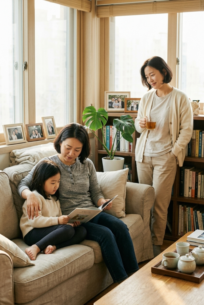 two women sharing loving moments with the same child in a warm home setting