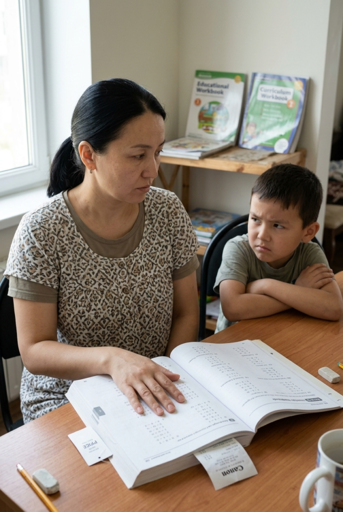 Refusing to Adjust When Something Isn't Working Uzbek homeschool mom sitting with her frustrated child in front of an open curriculum workbook that clearly isn't working, looking reluctant to give it up.