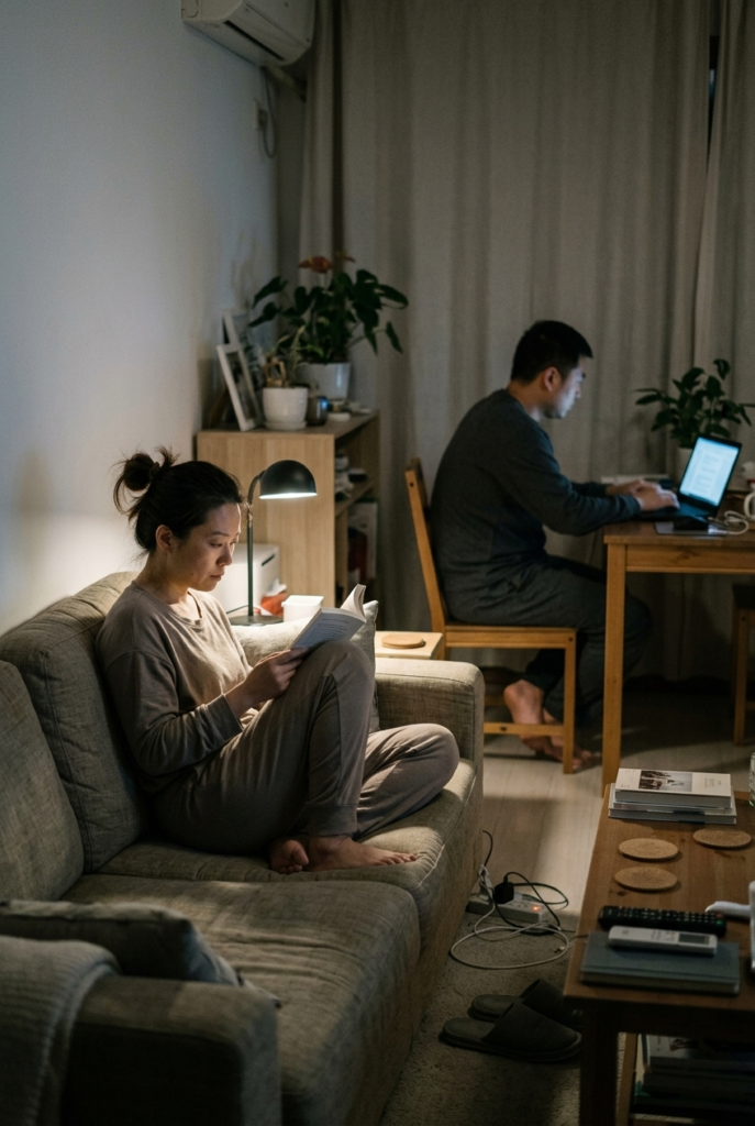 Chinese couple sitting in the same room but emotionally distant and disconnected