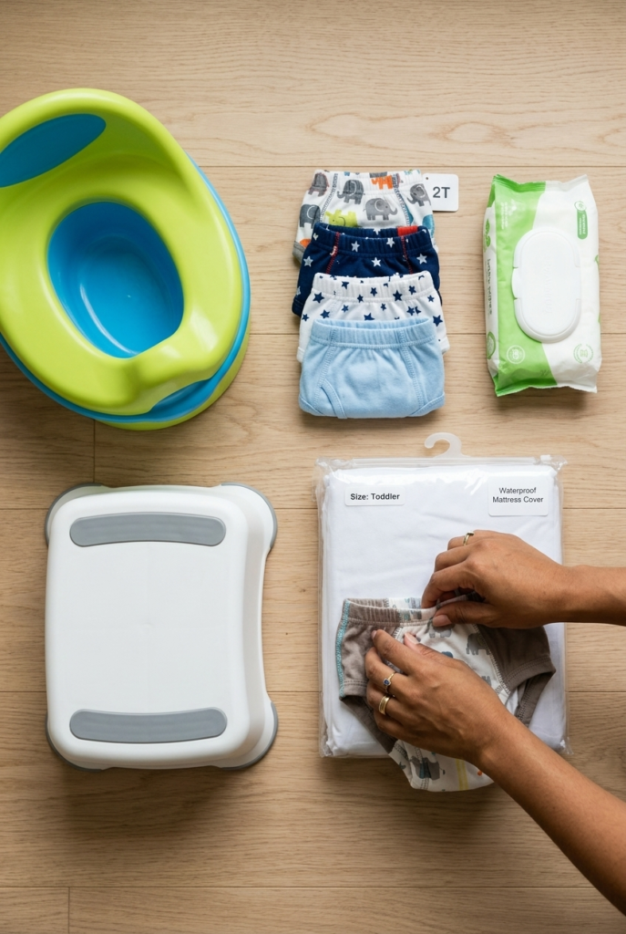 Brazilian mother organizing potty training supplies on a living room floor including a small potty chair training underwear and wipes