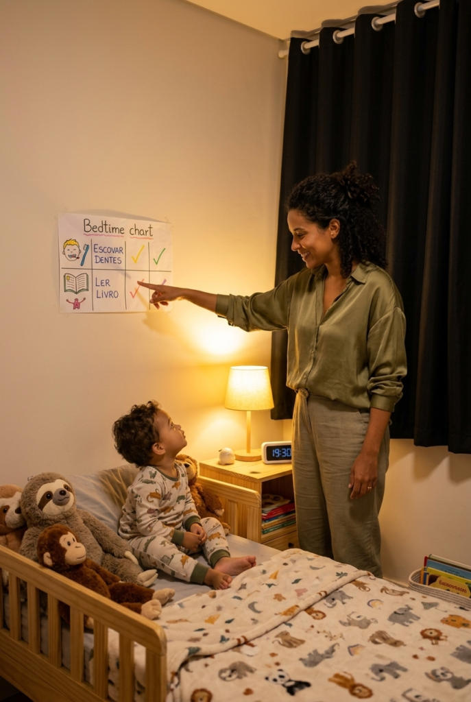Brazilian mother showing bedtime schedule chart to toddler in cozy children's bedroom at night