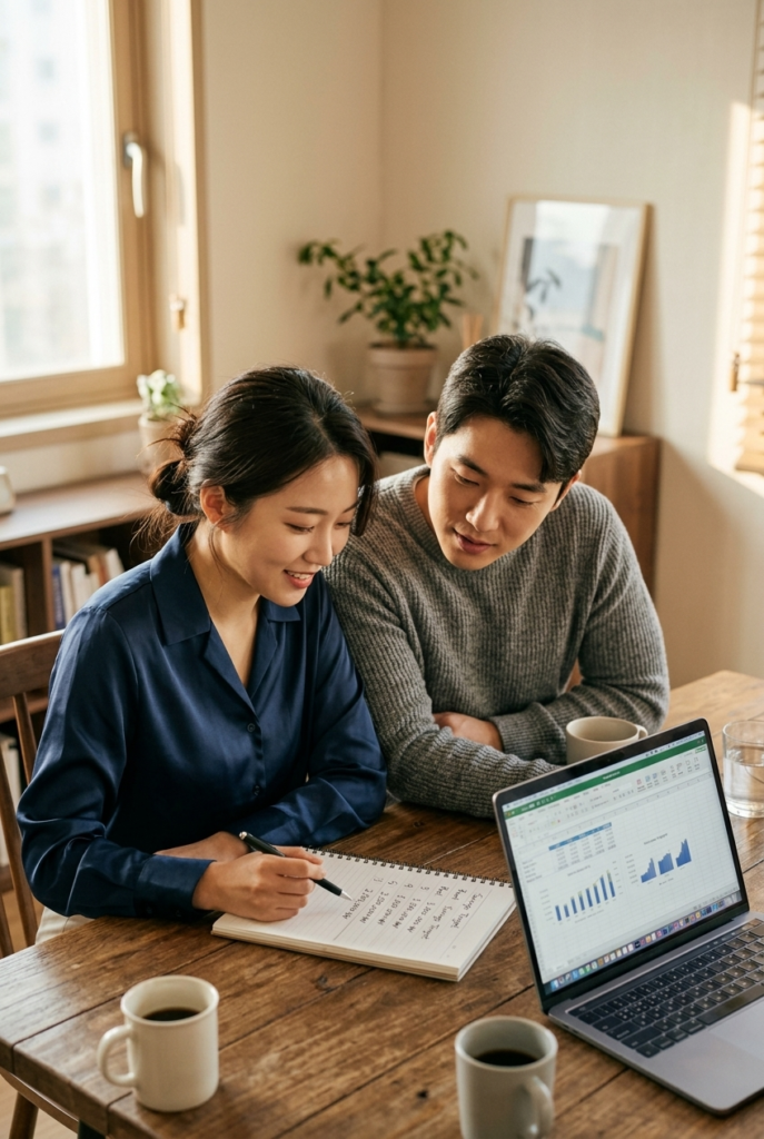 Korean couple sitting together reviewing wedding budget numbers on a notepad and laptop