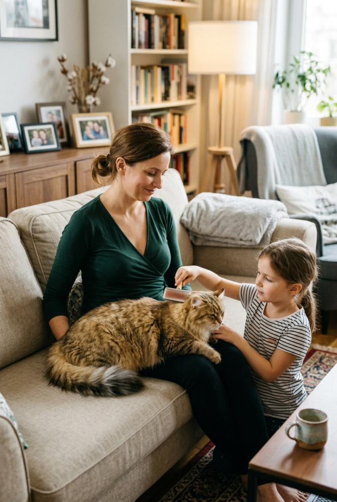 Polish woman holding large Siberian cat on couch while child carefully brushes its thick layered fur