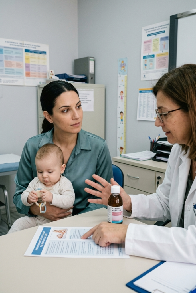 Greek mother listening to female pediatrician advise against giving baby medicine before flight in clinic office