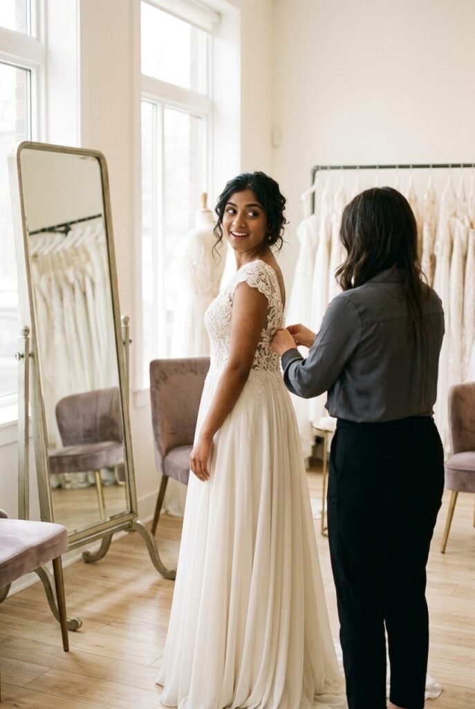 South Asian bride trying on a flowing ivory wedding gown at a bridal boutique, looking at her reflection with a smile while a consultant adjusts the fit.