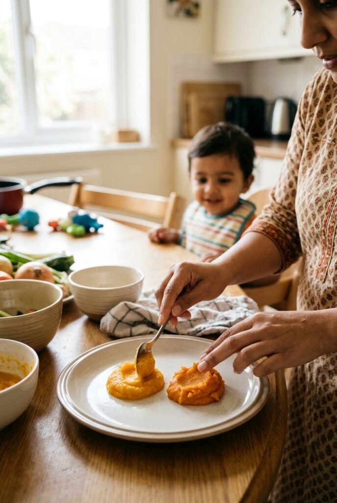 South Asian mother placing mashed butternut squash next to sweet potato on toddler plate