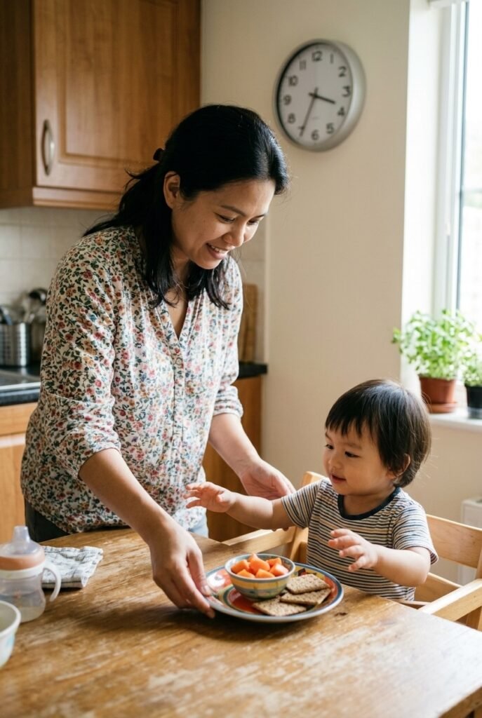 Southeast Asian mother setting a scheduled snack for her toddler at the kitchen table