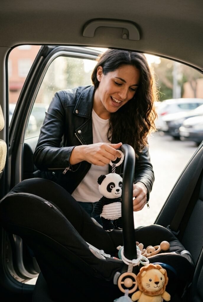 Spanish mother clipping black and white sensory toy to rear facing infant car seat handle