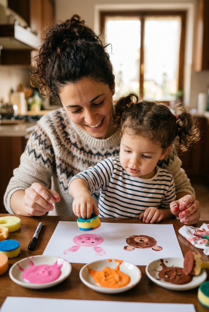 Italian mother and toddler girl stamping animal shapes on paper with colorful kitchen sponges