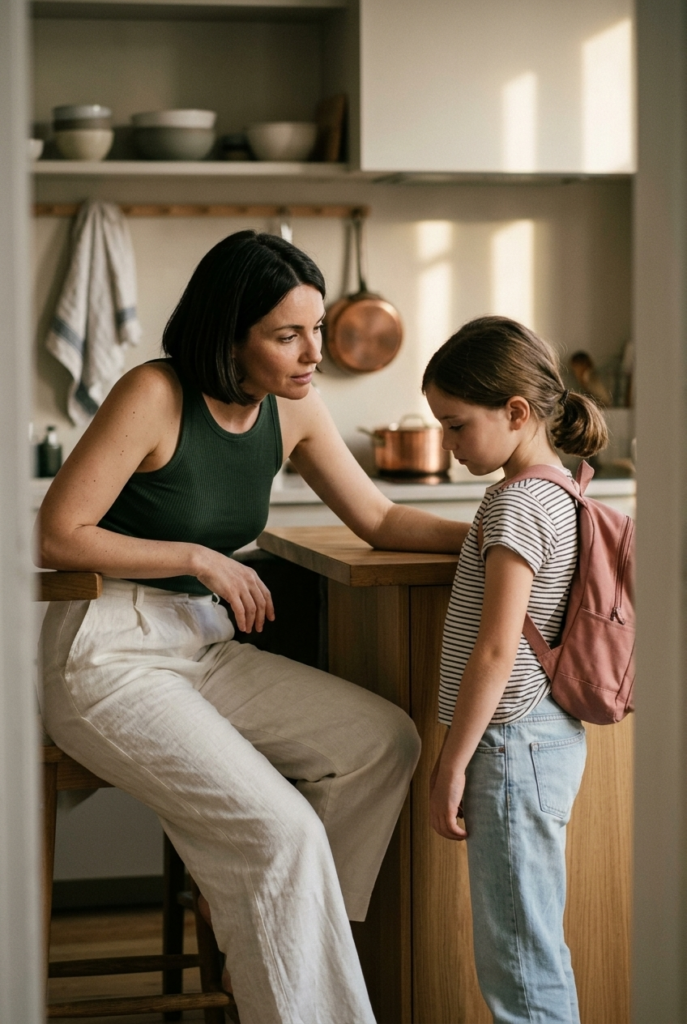 a woman leaning toward a child just home from school in an uncomfortable probing moment