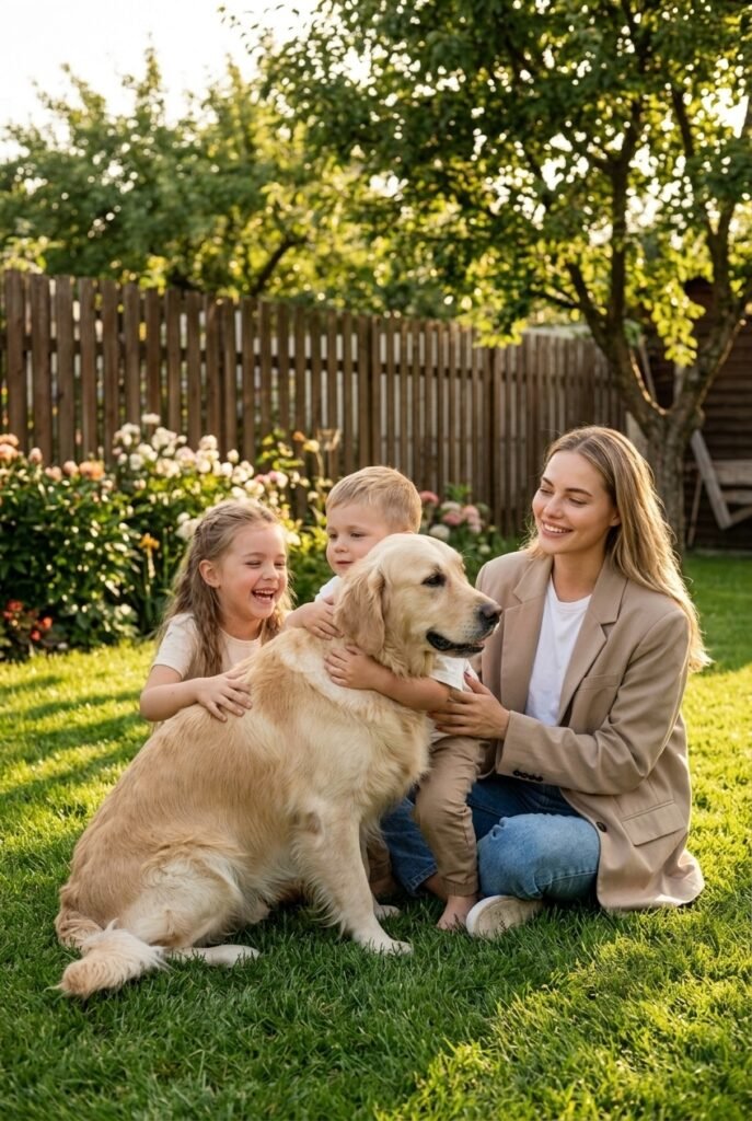 Swedish mother and two young children playing with a Golden Retriever in a sunny backyard