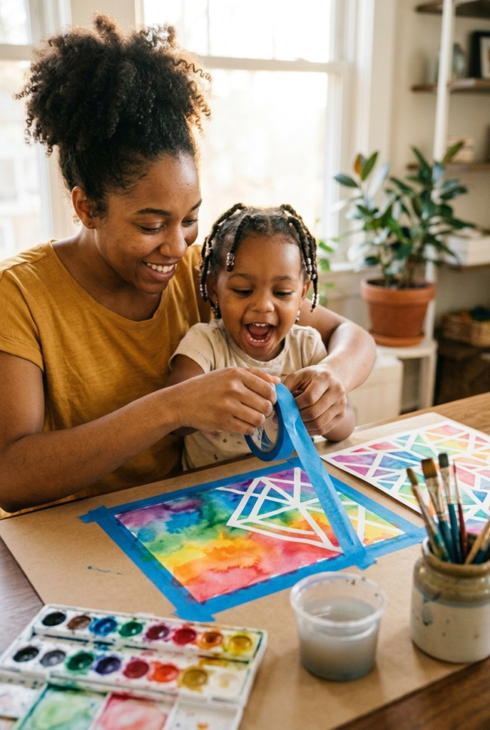 Black mother and toddler girl peeling tape off rainbow watercolor paper to reveal white lines