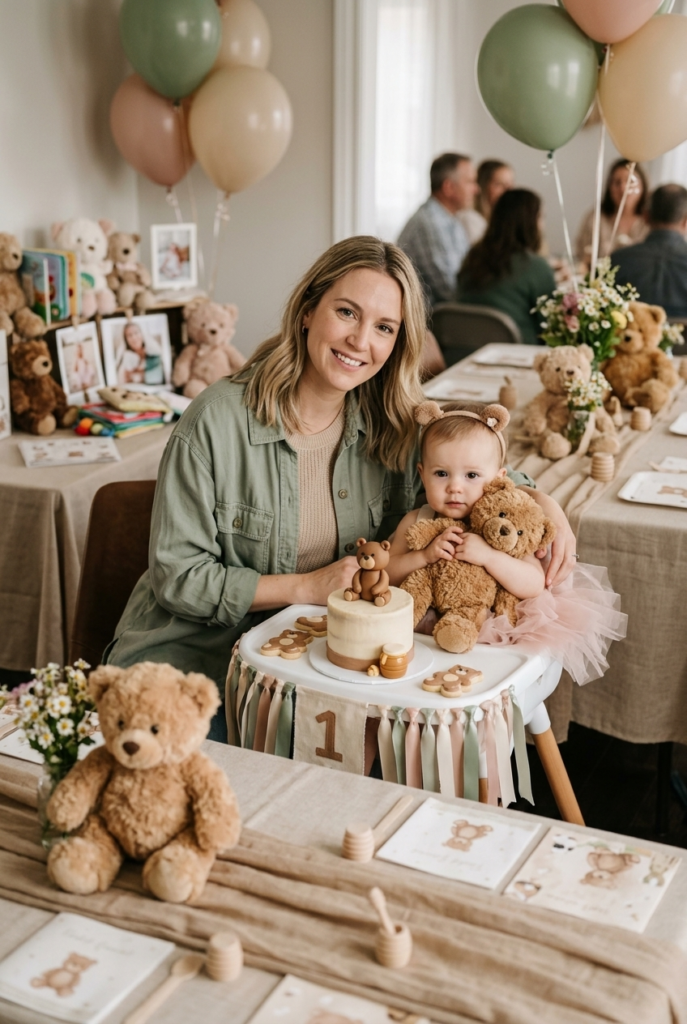 Canadian mother sitting beside baby girl at a Teddy Bear first birthday party with stuffed bears neutral decor and bear topped cake