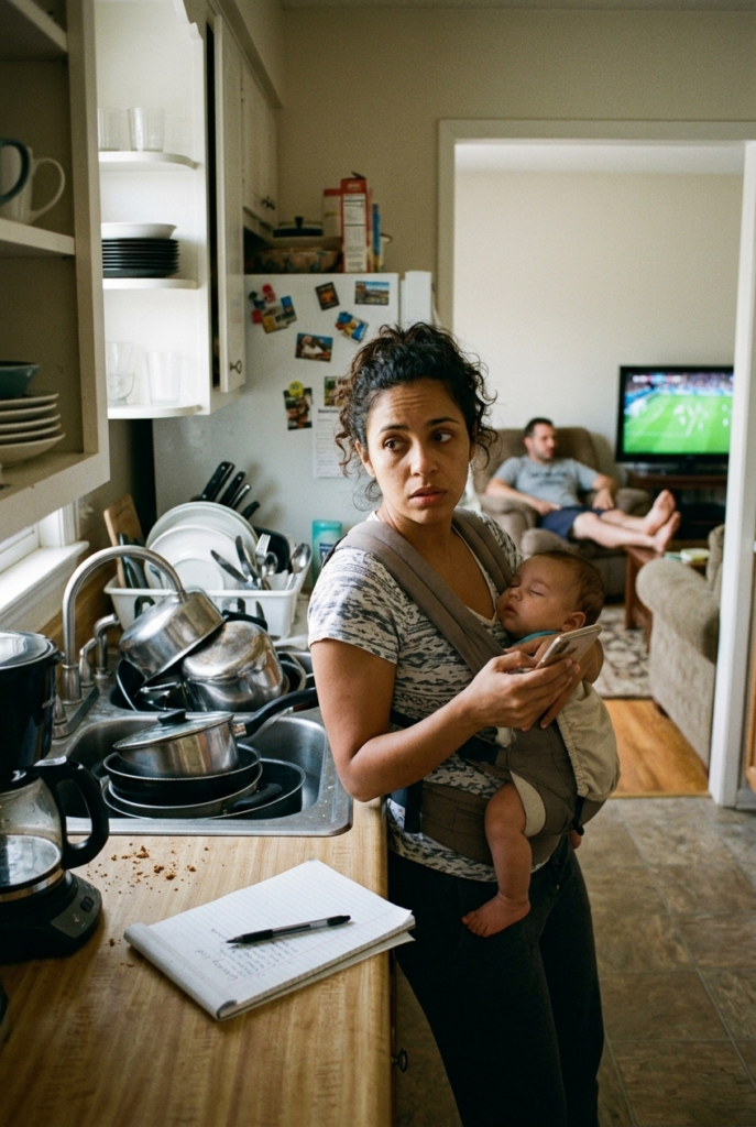 Overwhelmed Brazilian woman multitasking at home while husband relaxes in background