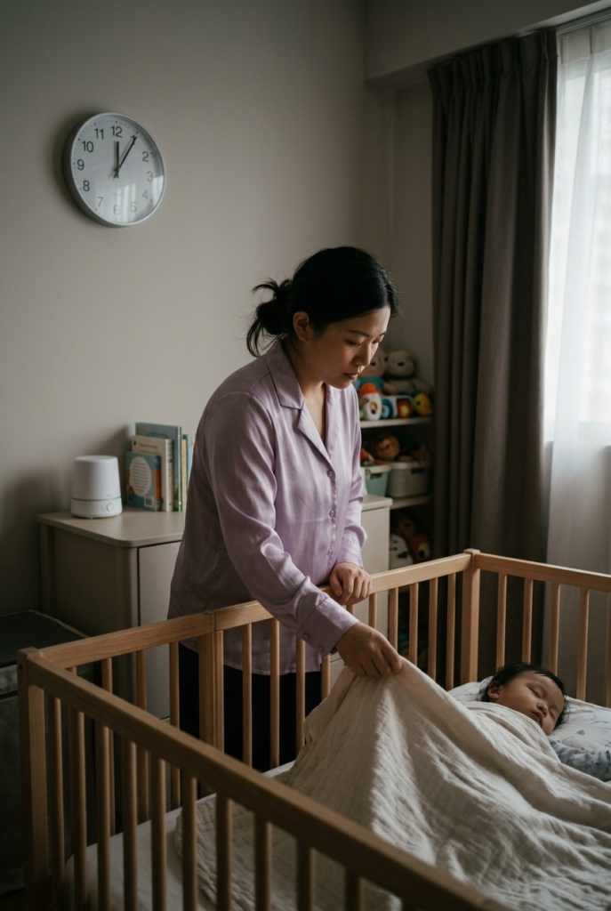 Chinese mother covering toddler with blanket during early afternoon nap in darkened nursery room