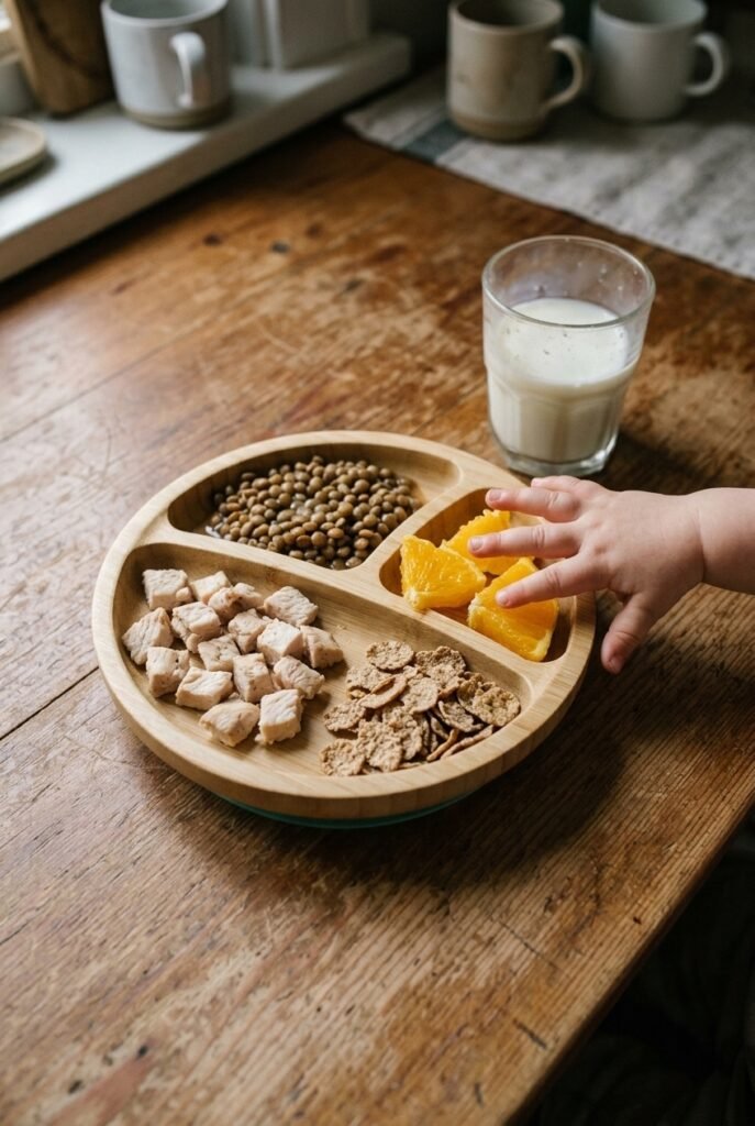 Toddler hand reaching for orange slices next to iron rich foods on a segmented plate