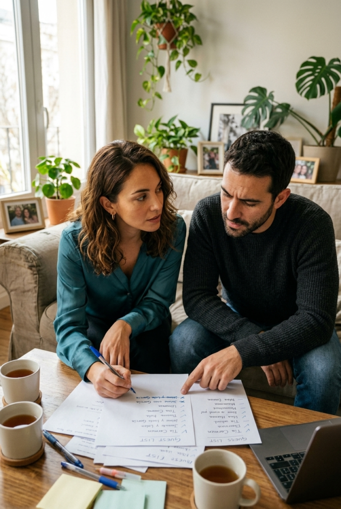 Spanish couple reviewing and editing their wedding guest list together at home