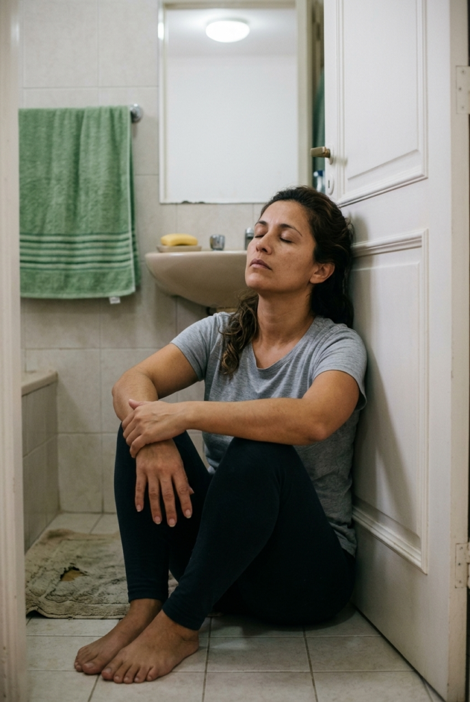 Treating Every Bad Day as a Sign You're Failing Uruguayan homeschool mom sitting on the bathroom floor with her back against the door, eyes closed, taking a quiet moment after a difficult school day.