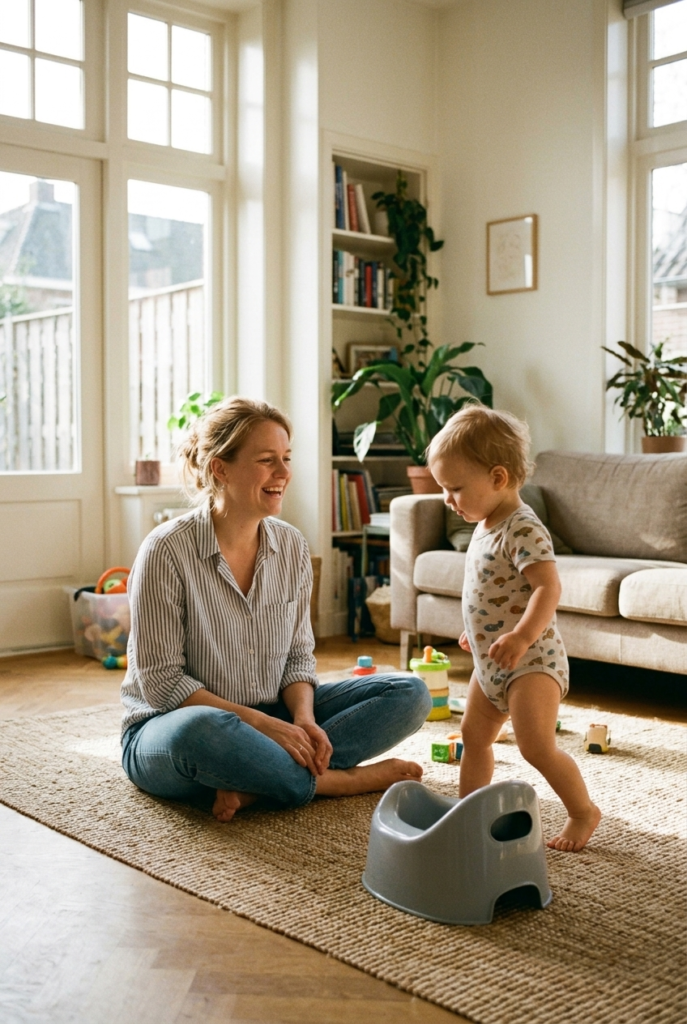 Dutch mother sitting relaxed on a living room rug smiling as her toddler walks independently toward a potty chair