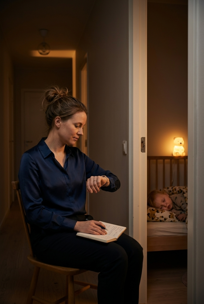 Swedish mother sitting outside toddler bedroom doorway checking watch while child falls asleep gradually at night