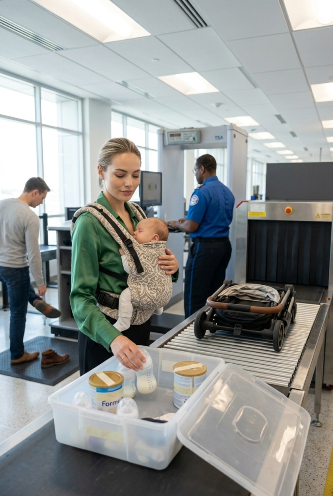 Polish mother placing breast milk bottles in separate bin at TSA airport security checkpoint with baby in carrier