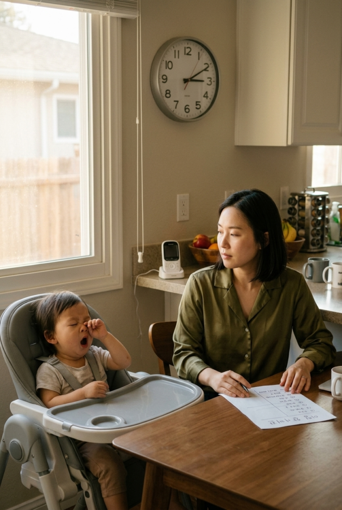 Korean mother checking wall clock while planning toddler wake window schedule at kitchen table