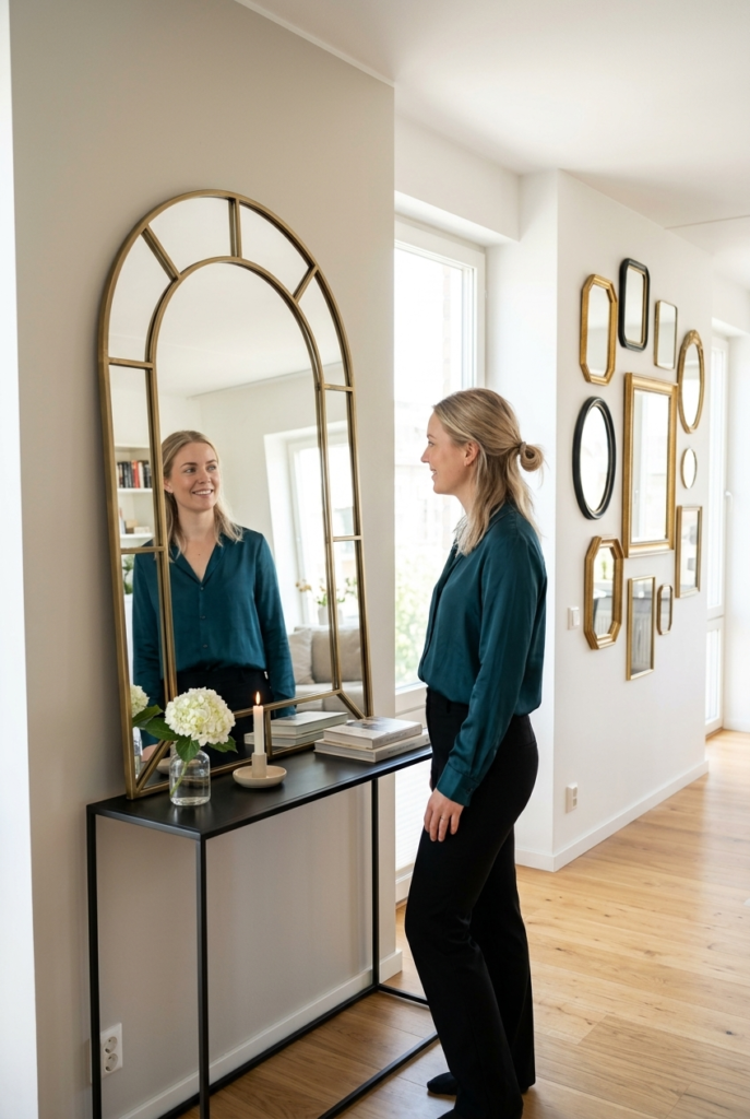 Swedish woman standing next to a large Art Deco arch mirror in a bright apartment living room reflecting natural light