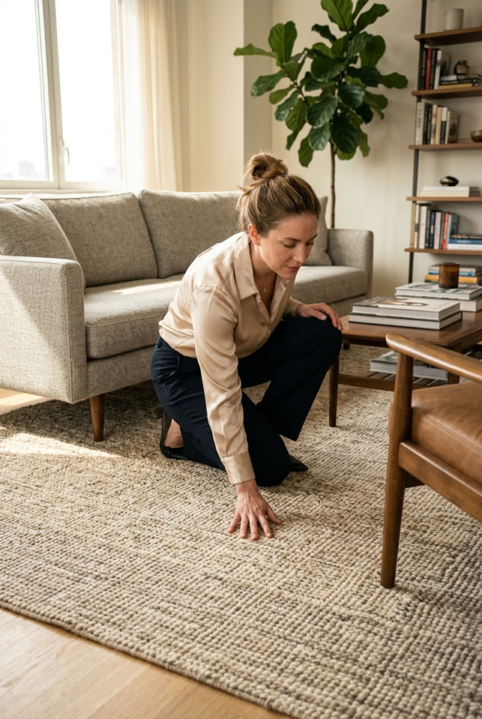 American woman touching a large wool area rug that correctly anchors the furniture in a polished apartment living room