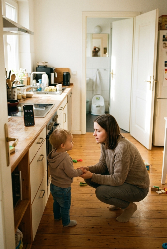 German mother crouching down to guide her toddler to the potty after a kitchen timer goes off