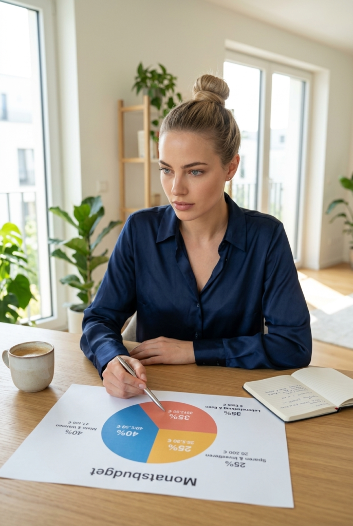 German woman reviewing a wedding budget pie chart breakdown at a modern desk